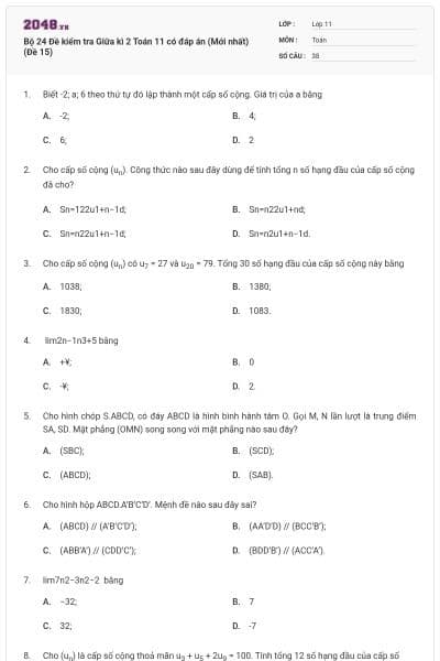 Bộ 24 Đề kiểm tra Giữa kì 2 Toán 11 có đáp án (Mới nhất) (Đề 15)