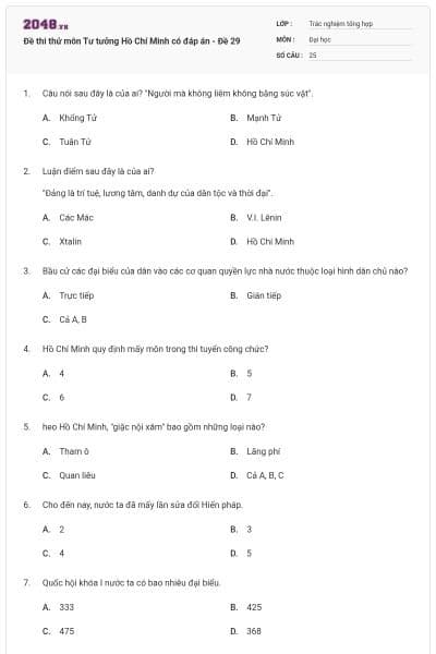 Đề thi thử môn Tư tưởng Hồ Chí Minh có đáp án - Đề 29