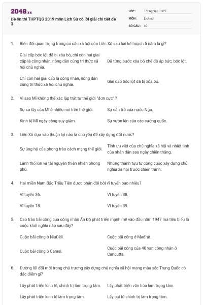 Đề ôn thi THPTQG 2019 môn Lịch Sử có lời giải chi tiết đề 3