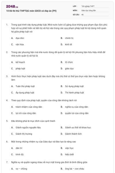10 Đề thi thử THPTQG môn GDCD có đáp án (P9)