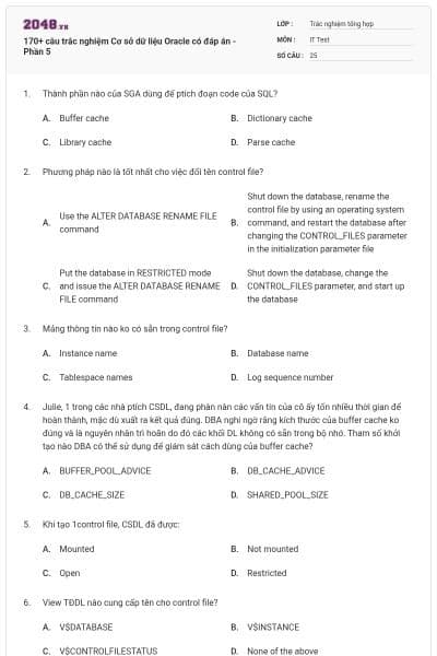170+ câu trắc nghiệm Cơ sở dữ liệu Oracle có đáp án - Phần 5
