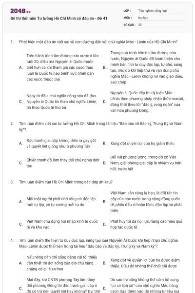 Đề thi thử môn Tư tưởng Hồ Chí Minh có đáp án - Đề 41