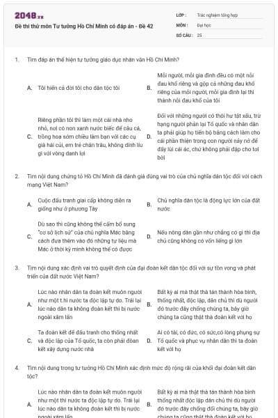 Đề thi thử môn Tư tưởng Hồ Chí Minh có đáp án - Đề 42