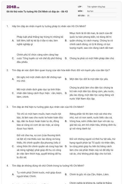 Đề thi thử môn Tư tưởng Hồ Chí Minh có đáp án - Đề 43