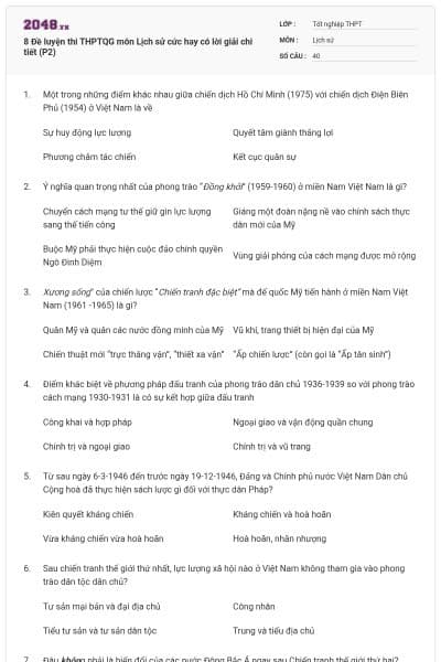 8 Đề luyện thi THPTQG môn Lịch sử cức hay có lời giải chi tiết (P2)