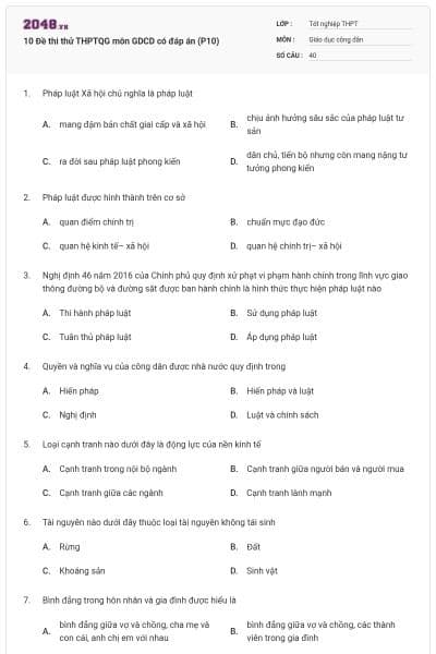 10 Đề thi thử THPTQG môn GDCD có đáp án (P10)