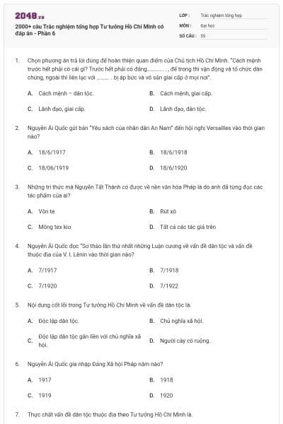 2000+ câu Trắc nghiệm tổng hợp Tư tưởng Hồ Chí Minh có đáp án - Phần 6