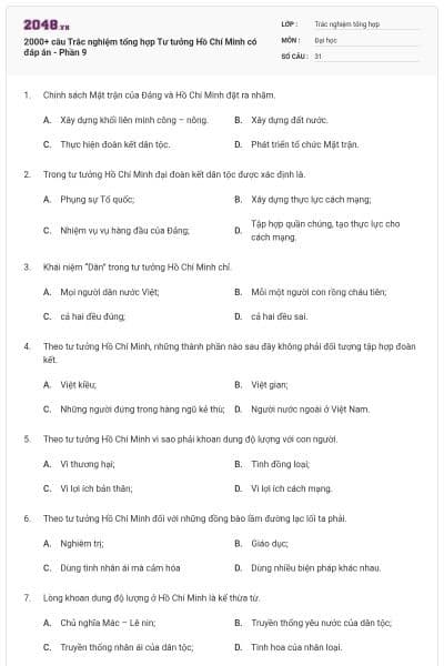 2000+ câu Trắc nghiệm tổng hợp Tư tưởng Hồ Chí Minh có đáp án - Phần 9
