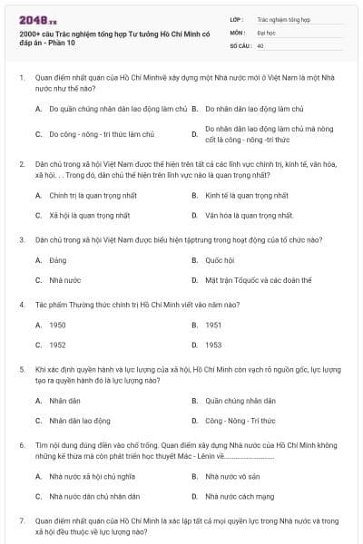2000+ câu Trắc nghiệm tổng hợp Tư tưởng Hồ Chí Minh có đáp án - Phần 10