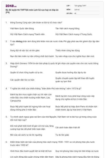 Bộ đề luyện thi THPTQG môn Lịch Sử cực hay có đáp án (P4)