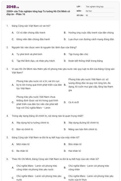 2000+ câu Trắc nghiệm tổng hợp Tư tưởng Hồ Chí Minh có đáp án - Phần 16