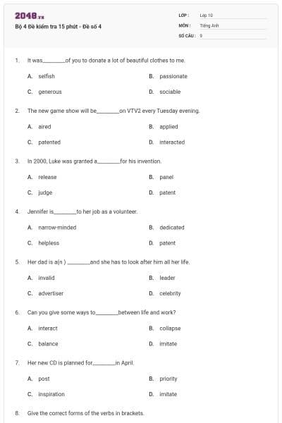 Bộ 4 Đề kiểm tra 15 phút - Đề số 4