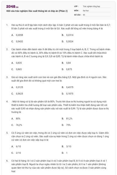 460 câu trắc nghiệm Xác suất thống kê có đáp án (Phần 2)