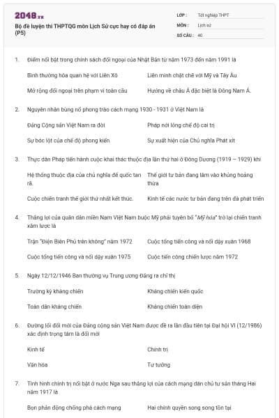 Bộ đề luyện thi THPTQG môn Lịch Sử cực hay có đáp án (P5)