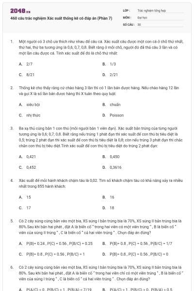 460 câu trắc nghiệm Xác suất thống kê có đáp án (Phần 7)