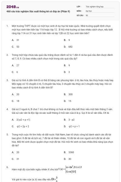 460 câu trắc nghiệm Xác suất thống kê có đáp án (Phần 9)