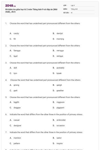 Đề kiểm tra giữa học kì 2 môn Tiếng Anh 9 có đáp án (Mới nhất)_ đề 6