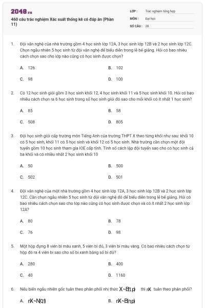 460 câu trắc nghiệm Xác suất thống kê có đáp án (Phần 11)