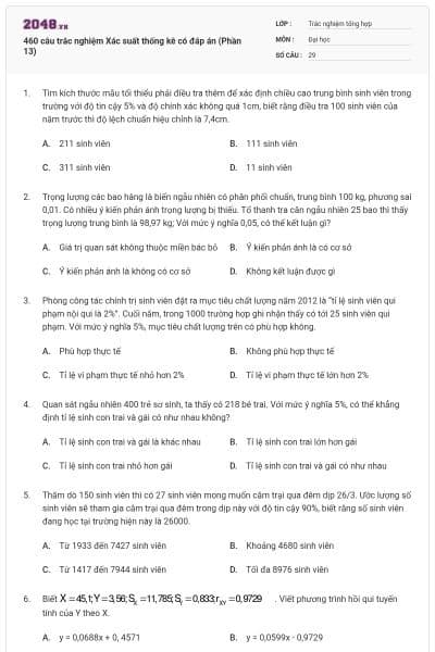 460 câu trắc nghiệm Xác suất thống kê có đáp án (Phần 13)