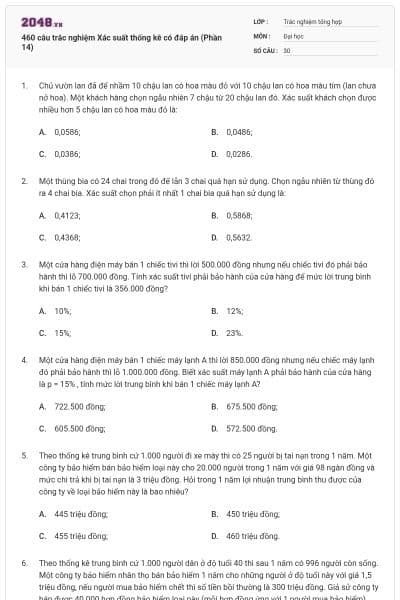 460 câu trắc nghiệm Xác suất thống kê có đáp án (Phần 14)