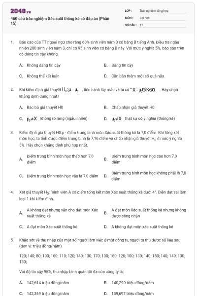 460 câu trắc nghiệm Xác suất thống kê có đáp án (Phần 15)