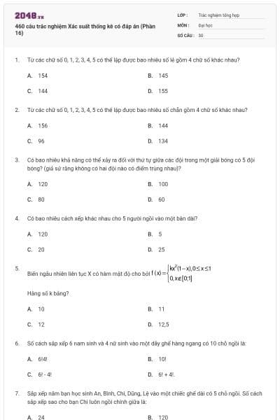 460 câu trắc nghiệm Xác suất thống kê có đáp án (Phần 16)