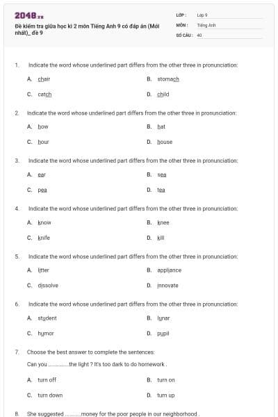 Đề kiểm tra giữa học kì 2 môn Tiếng Anh 9 có đáp án (Mới nhất)_ đề 9