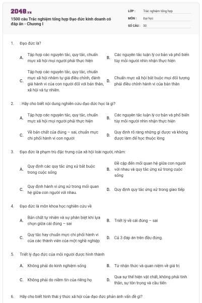 1500 câu Trắc nghiệm tổng hợp Đạo đức kinh doanh có đáp án - Chương I
