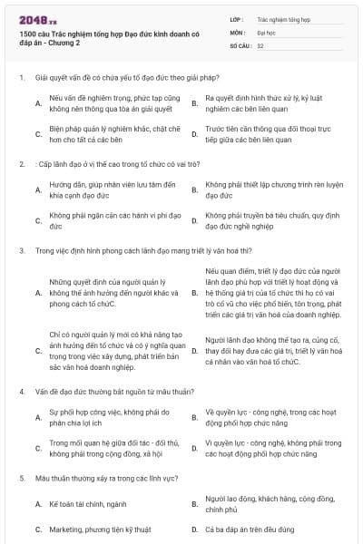 1500 câu Trắc nghiệm tổng hợp Đạo đức kinh doanh có đáp án - Chương 2
