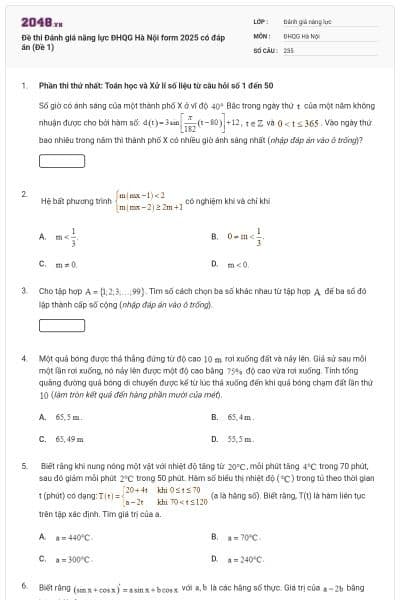 Đề thi Đánh giá năng lực ĐHQG Hà Nội form 2025 có đáp án (Đề 1)