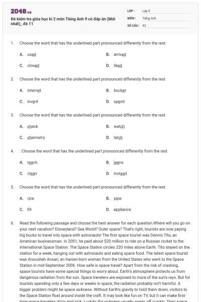 Đề kiểm tra giữa học kì 2 môn Tiếng Anh 9 có đáp án (Mới nhất)_ đề 11