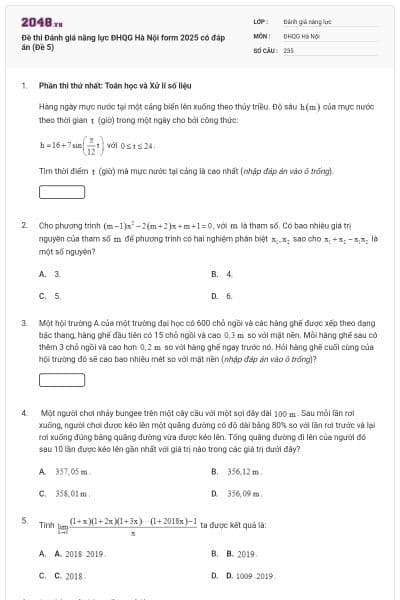 Đề thi Đánh giá năng lực ĐHQG Hà Nội form 2025 có đáp án (Đề 5)