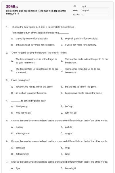 Đề kiểm tra giữa học kì 2 môn Tiếng Anh 9 có đáp án (Mới nhất)_ đề 12