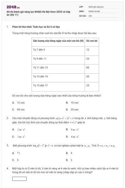 Đề thi Đánh giá năng lực ĐHQG Hà Nội form 2025 có đáp án (Đề 11)