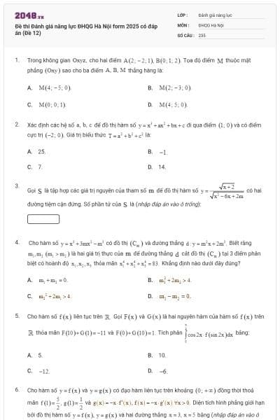 Đề thi Đánh giá năng lực ĐHQG Hà Nội form 2025 có đáp án (Đề 12)