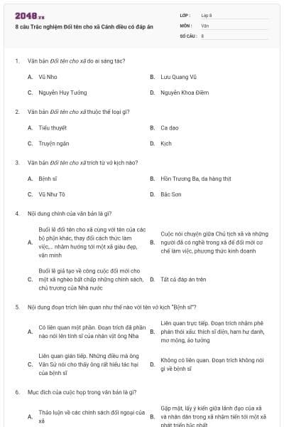 8 câu Trắc nghiệm Đổi tên cho xã Cánh diều có đáp án