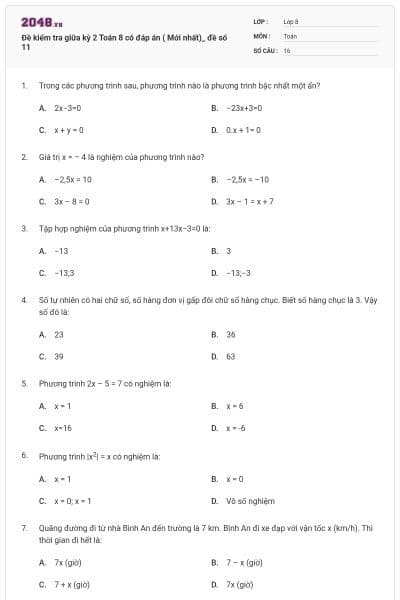 Đề kiểm tra giữa kỳ 2 Toán 8 có đáp án ( Mới nhất)_ đề số 11