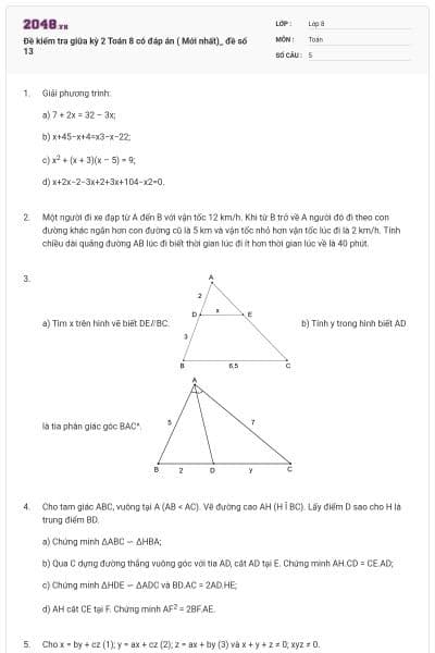 Đề kiểm tra giữa kỳ 2 Toán 8 có đáp án ( Mới nhất)_ đề số 13