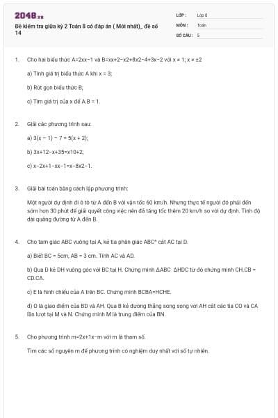 Đề kiểm tra giữa kỳ 2 Toán 8 có đáp án ( Mới nhất)_ đề số 14
