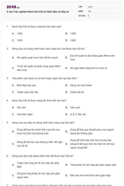 8 câu Trắc nghiệm Nước Đại Việt ta Cánh diều có đáp án