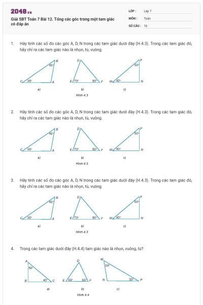 Giải SBT Toán 7 Bài 12. Tổng các góc trong một tam giác có đáp án