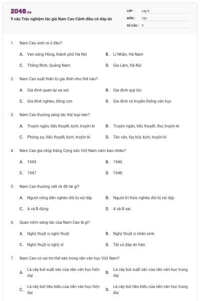 9 câu Trắc nghiệm tác giả Nam Cao Cánh diều có đáp án