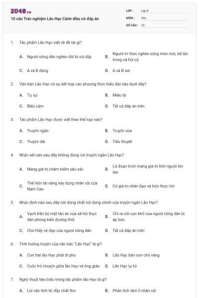 10 câu Trắc nghiệm Lão Hạc Cánh diều có đáp án