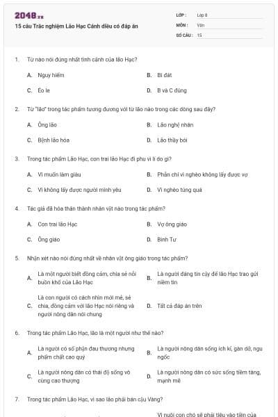 15 câu Trắc nghiệm Lão Hạc Cánh diều có đáp án