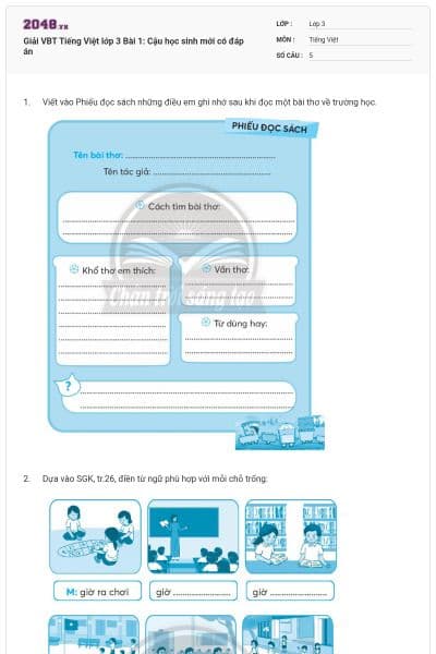 Giải VBT Tiếng Việt lớp 3 Bài 1: Cậu học sinh mới có đáp án