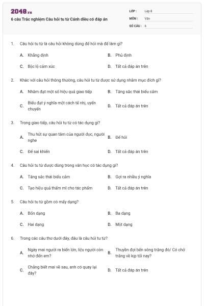 6 câu Trắc nghiệm Câu hỏi tu từ Cánh diều có đáp án