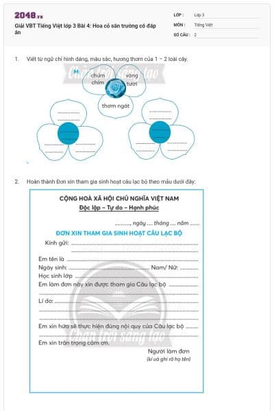 Giải VBT Tiếng Việt lớp 3 Bài 4: Hoa cỏ sân trường có đáp án