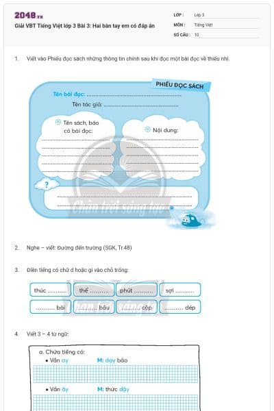 Giải VBT Tiếng Việt lớp 3 Bài 3: Hai bàn tay em có đáp án