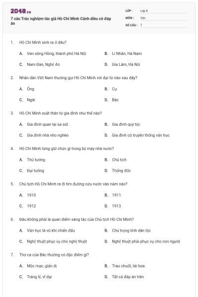 7 câu Trắc nghiệm tác giả Hồ Chí Minh Cánh diều có đáp án