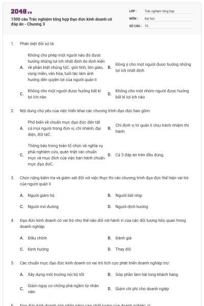 1500 câu Trắc nghiệm tổng hợp Đạo đức kinh doanh có đáp án - Chương 3